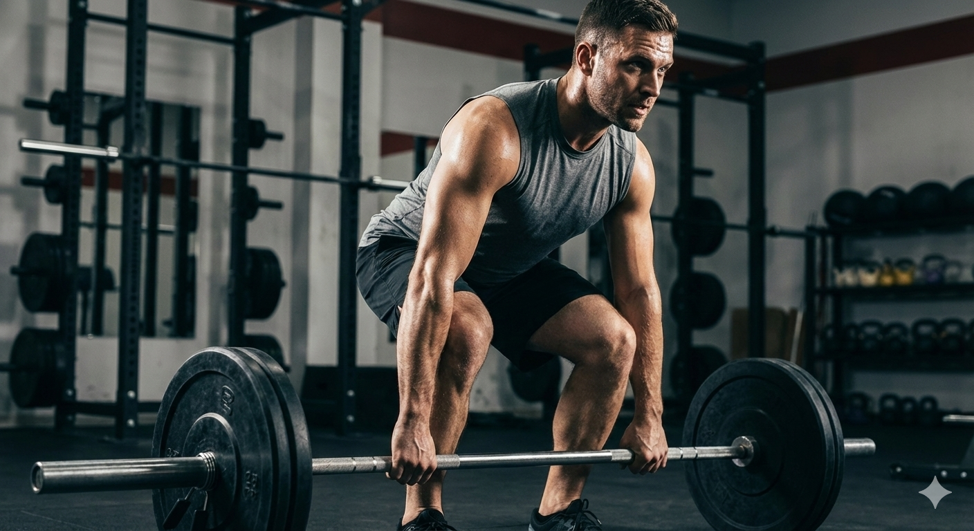 Homem forte e focado levantando peso na academia, simbolizando o poder do exercício para a saúde sexual.