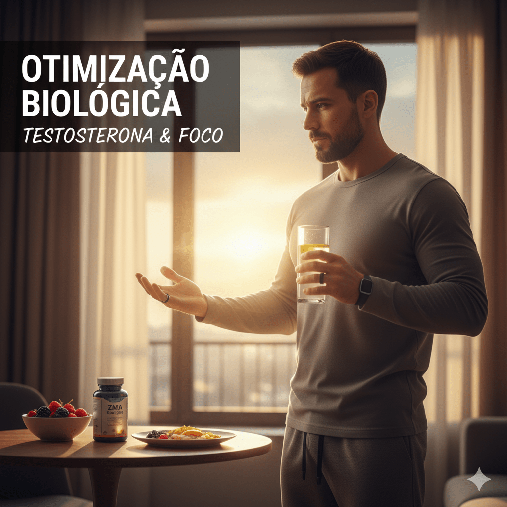 Homem focado segurando um copo de água com limão durante o nascer do sol, com mesa contendo café da manhã saudável e suplementação, representando a otimização biológica e o vigor masculino.