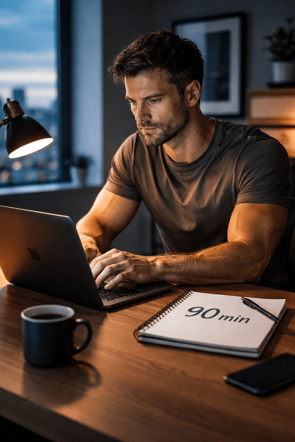 Homem focado trabalhando no computador seguindo a regra dos 90 minutos de produtividade masculina