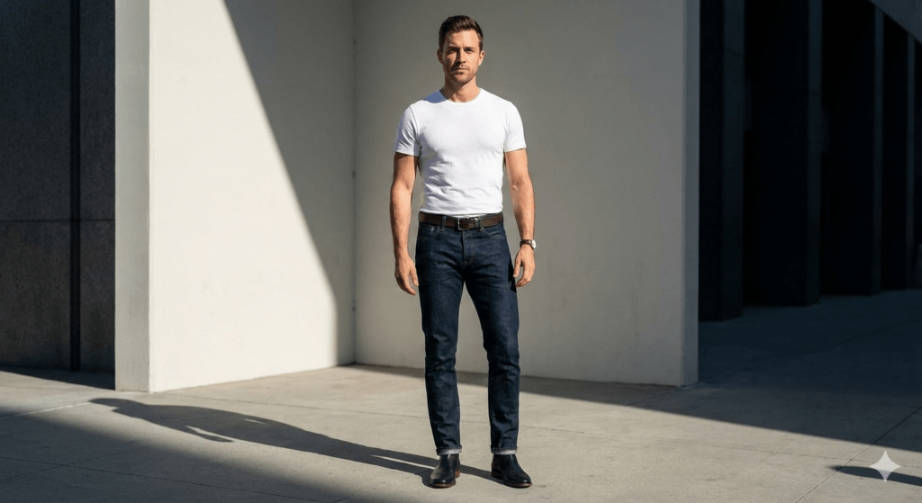 Homem com visual básico e elegante, usando camiseta branca e jeans escuro, demonstrando estilo masculino atemporal e econômico