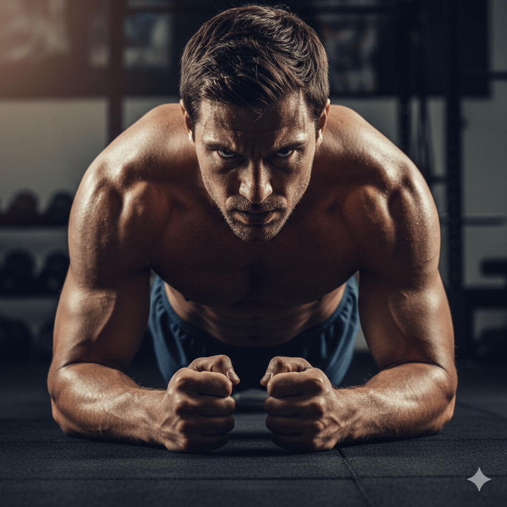 Homem atlético e focado realizando o desafio da prancha em um ambiente de academia, demonstrando esforço, suor e o fortalecimento do core e da disciplina.
